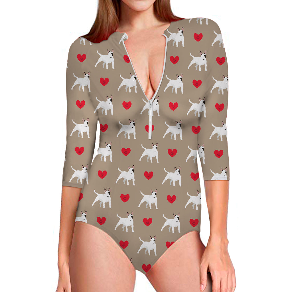 Bull Terrier Heart Pattern Print Long Sleeve Swimsuit