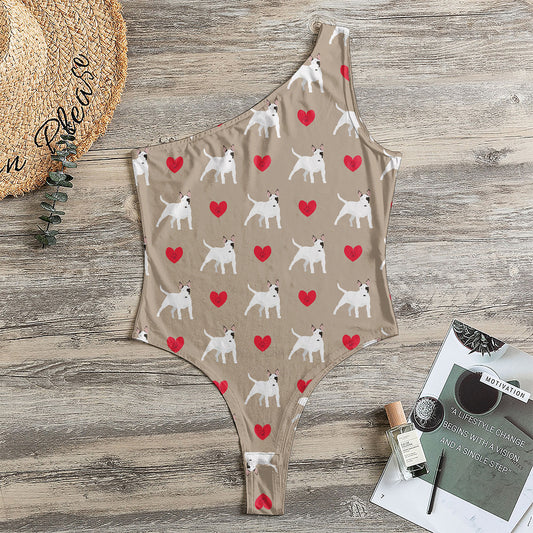 Bull Terrier Heart Pattern Print One Shoulder Bodysuit