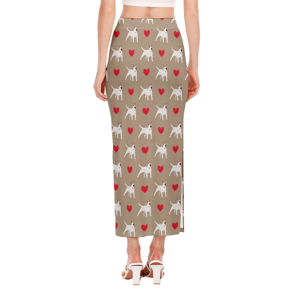 Bull Terrier Heart Pattern Print Side Slit Maxi Skirt
