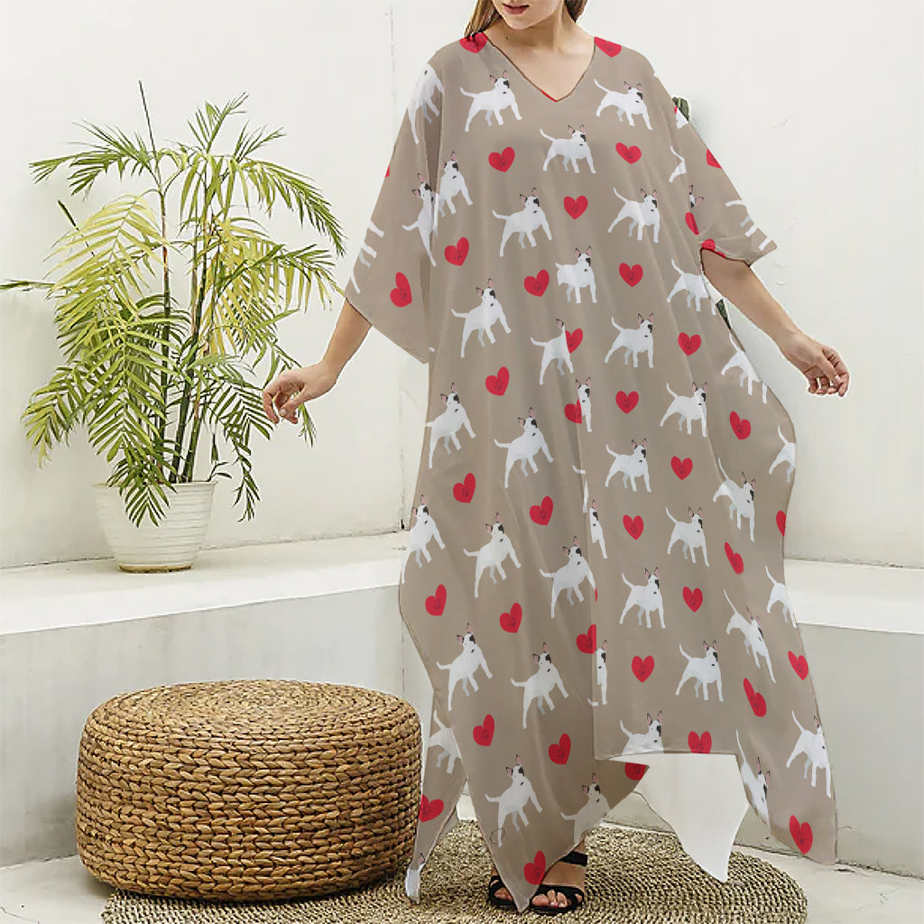 Bull Terrier Heart Pattern Print Silk V-Neck Kaftan Dress