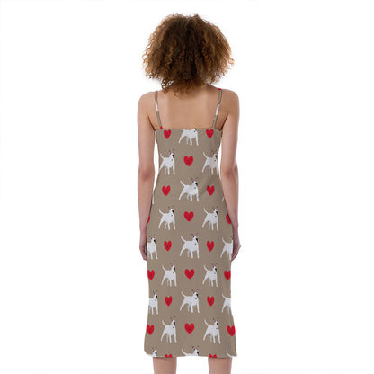 Bull Terrier Heart Pattern Print Slim Fit Midi Cami Dress