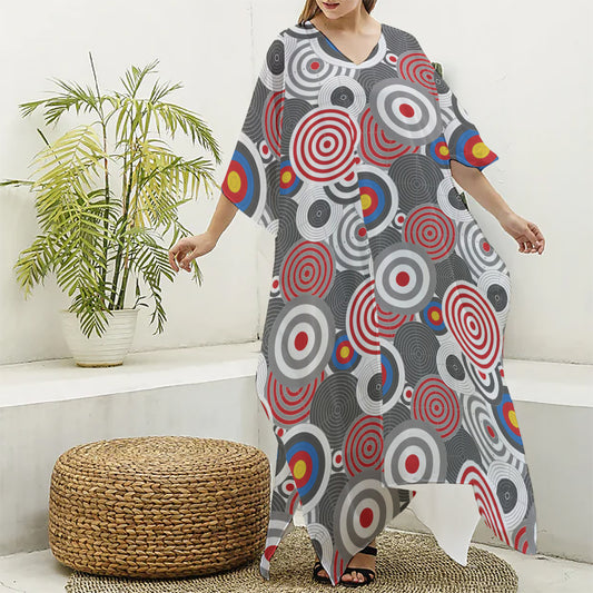 Bullseye Target Pattern Print Silk V-Neck Kaftan Dress