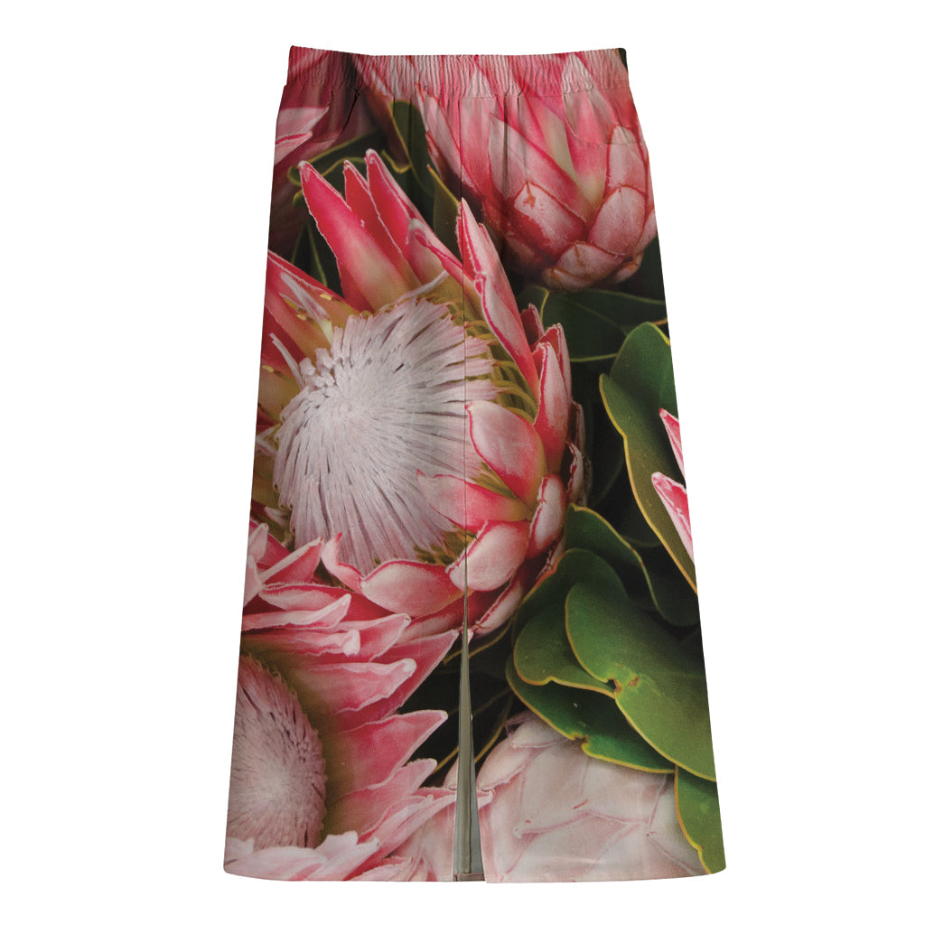 Bunches of Proteas Print Cotton Front Slit Maxi Skirt