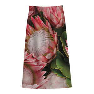 Bunches of Proteas Print Cotton Front Slit Maxi Skirt