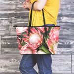 Bunches of Proteas Print Leather Tote Bag