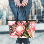 Bunches of Proteas Print Leather Tote Bag