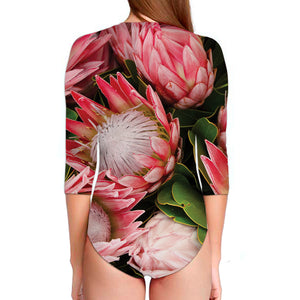 Bunches of Proteas Print Long Sleeve Swimsuit