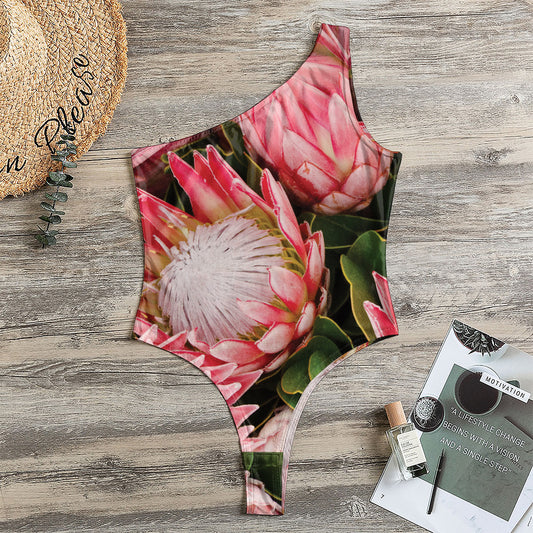 Bunches of Proteas Print One Shoulder Bodysuit