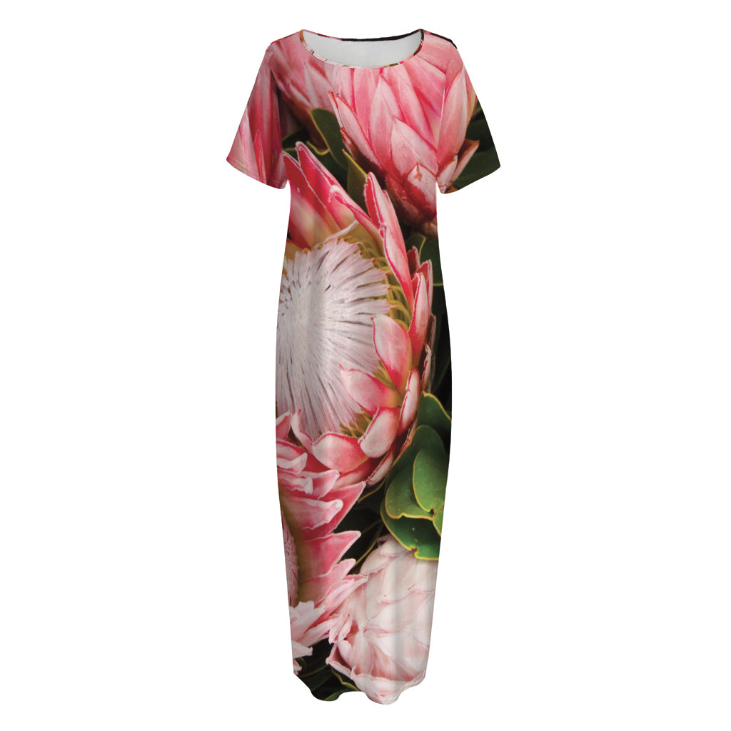 Bunches of Proteas Print Short Sleeve Long Nightdress