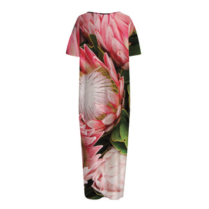 Bunches of Proteas Print Short Sleeve Long Nightdress