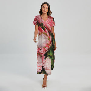 Bunches of Proteas Print Short Sleeve Maxi Dress