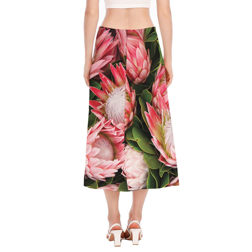 Bunches of Proteas Print Side Slit Midi Skirt