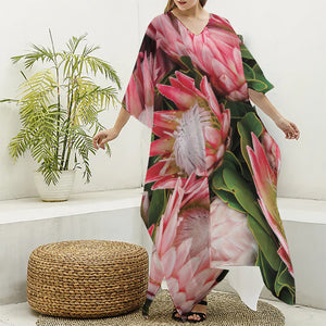 Bunches of Proteas Print Silk V-Neck Kaftan Dress