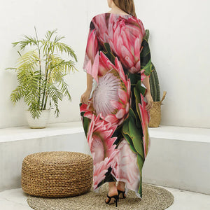 Bunches of Proteas Print Silk V-Neck Kaftan Dress