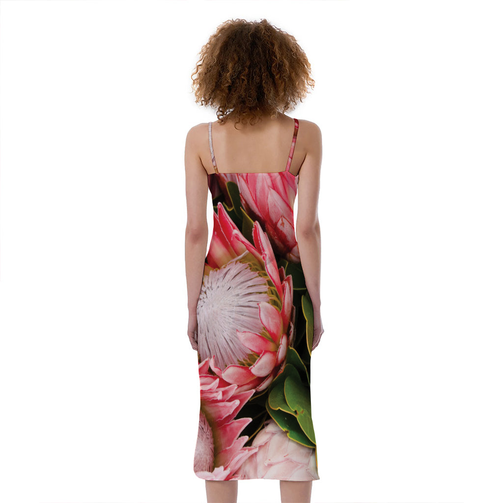 Bunches of Proteas Print Slim Fit Midi Cami Dress