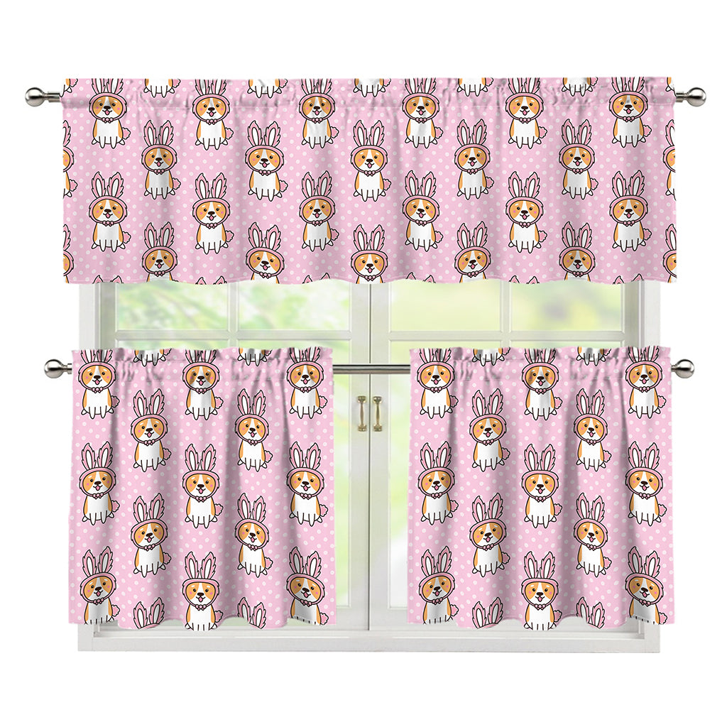 Bunny Corgi Pattern Print 3 Piece Kitchen Curtains