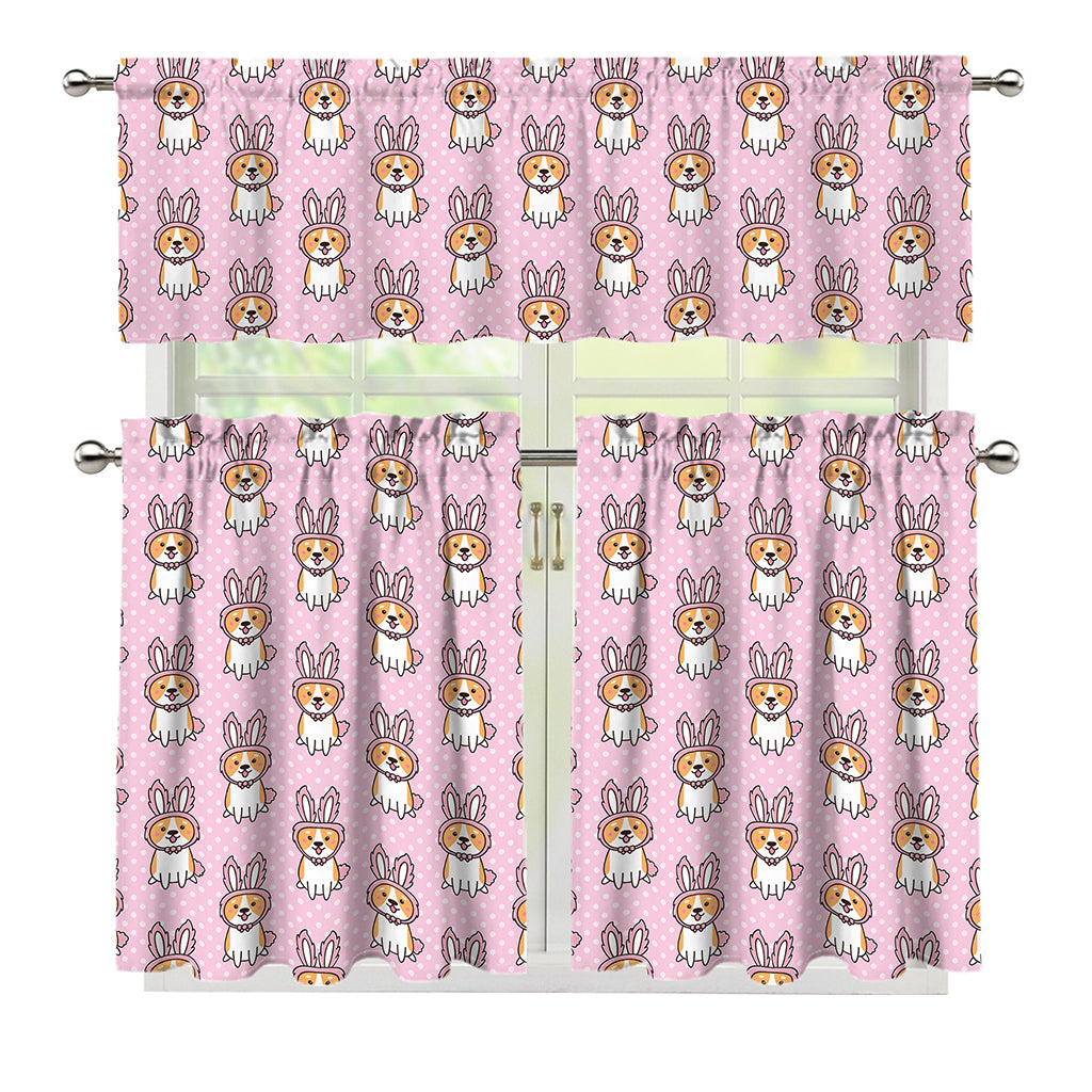 Bunny Corgi Pattern Print 3 Piece Kitchen Curtains