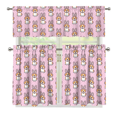 Bunny Corgi Pattern Print 3 Piece Kitchen Curtains