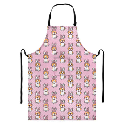 Bunny Corgi Pattern Print Bib Apron With Pocket