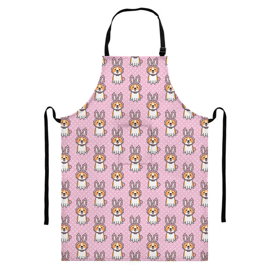 Bunny Corgi Pattern Print Bib Apron With Pocket