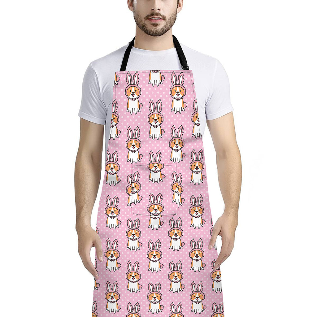 Bunny Corgi Pattern Print Bib Apron With Pocket