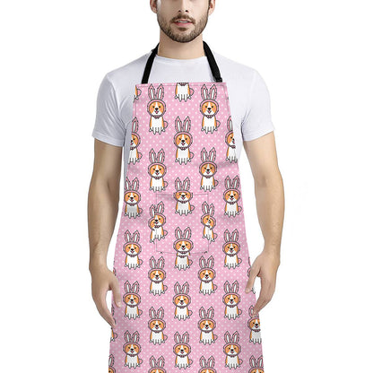 Bunny Corgi Pattern Print Bib Apron With Pocket