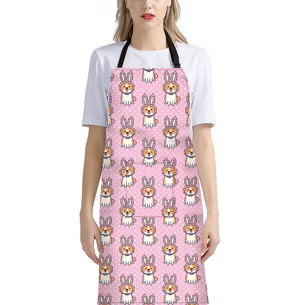 Bunny Corgi Pattern Print Bib Apron With Pocket