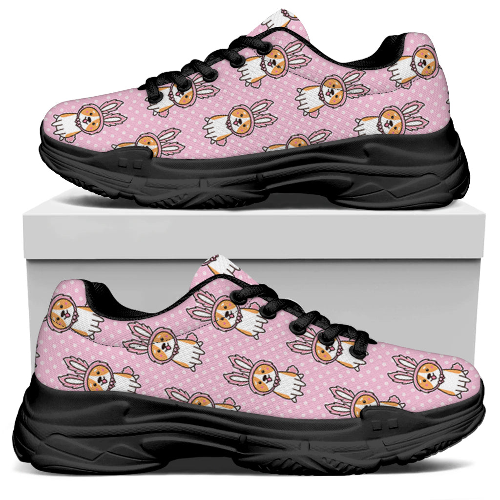 Bunny Corgi Pattern Print Black Chunky Shoes