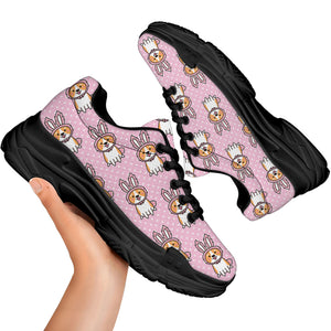 Bunny Corgi Pattern Print Black Chunky Shoes