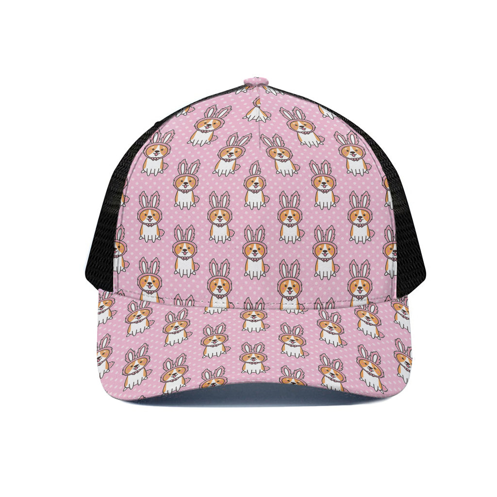 Bunny Corgi Pattern Print Black Mesh Trucker Cap