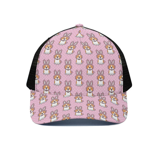 Bunny Corgi Pattern Print Black Mesh Trucker Cap