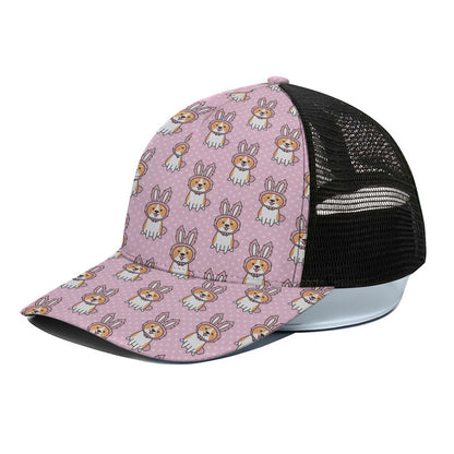 Bunny Corgi Pattern Print Black Mesh Trucker Cap