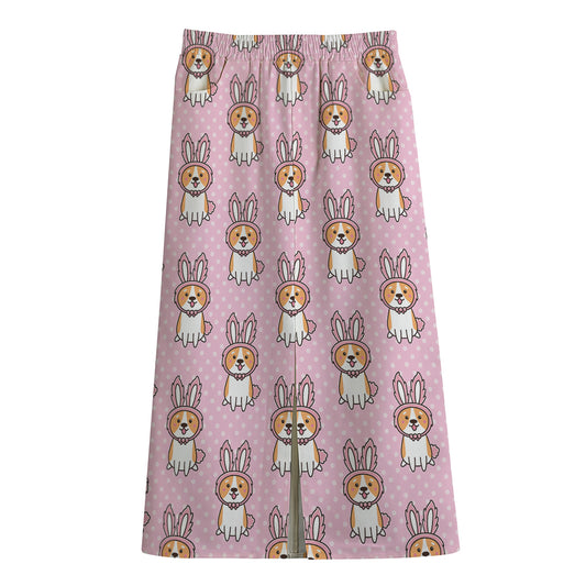 Bunny Corgi Pattern Print Cotton Front Slit Maxi Skirt