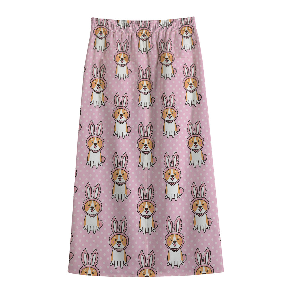 Bunny Corgi Pattern Print Cotton Front Slit Maxi Skirt