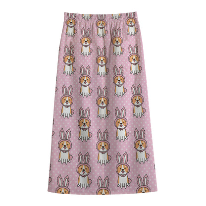 Bunny Corgi Pattern Print Cotton Front Slit Maxi Skirt