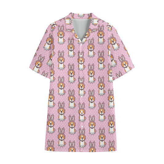Bunny Corgi Pattern Print Cotton Hawaiian Shirt