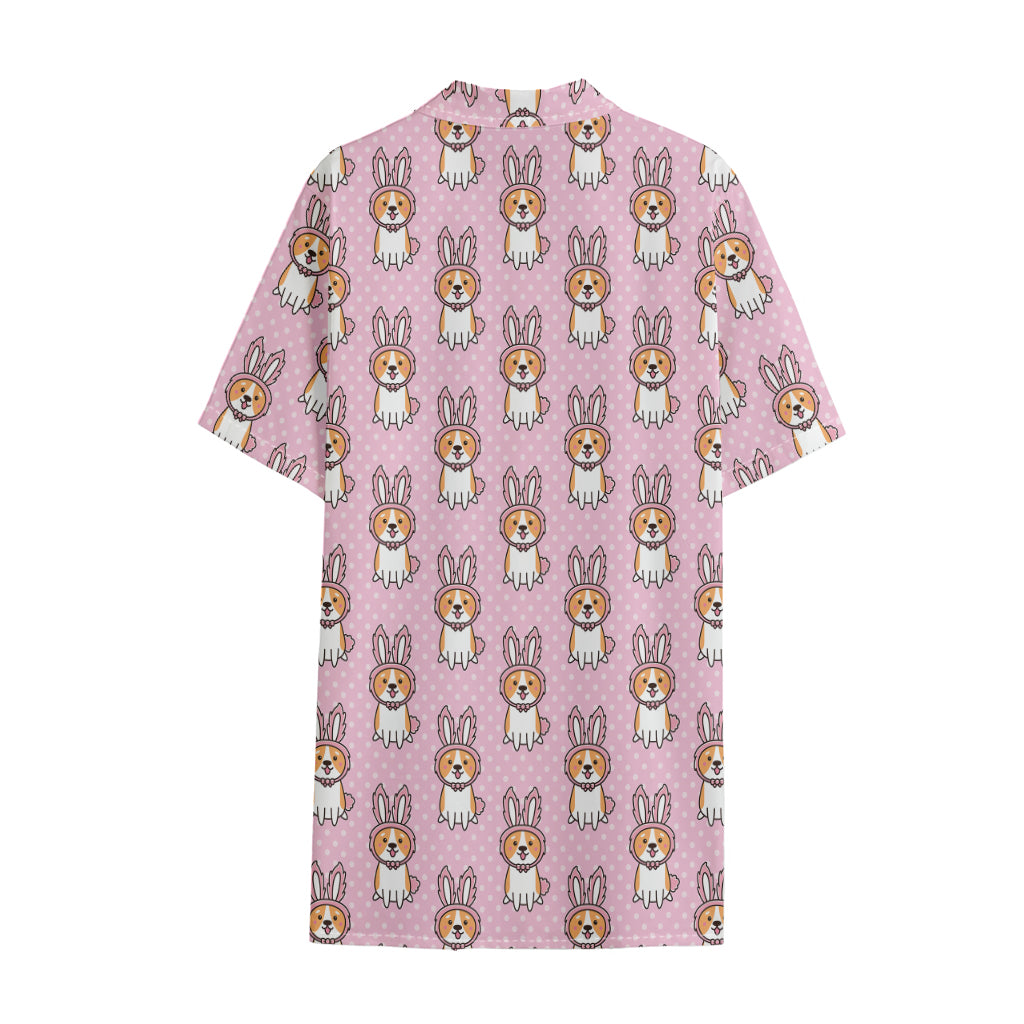 Bunny Corgi Pattern Print Cotton Hawaiian Shirt