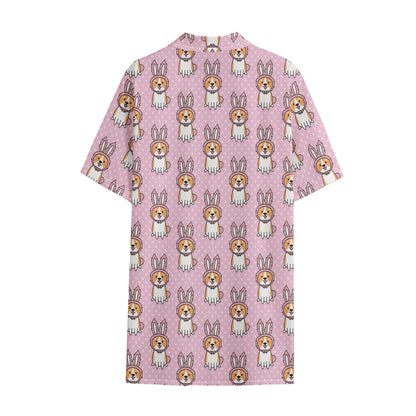 Bunny Corgi Pattern Print Cotton Hawaiian Shirt