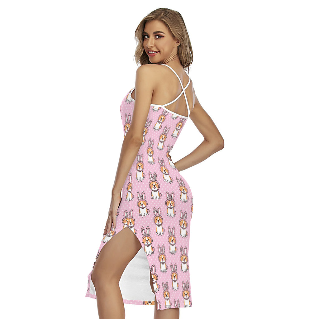 Bunny Corgi Pattern Print Cross Back Cami Dress