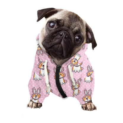 Bunny Corgi Pattern Print Dog Zip Up Hoodie