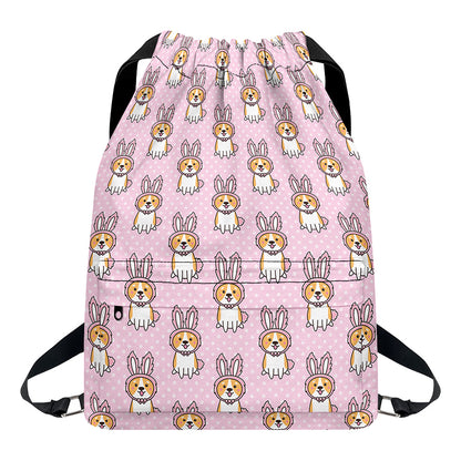 Bunny Corgi Pattern Print Drawstring Backpack