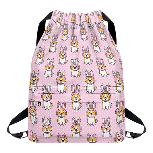 Bunny Corgi Pattern Print Drawstring Backpack