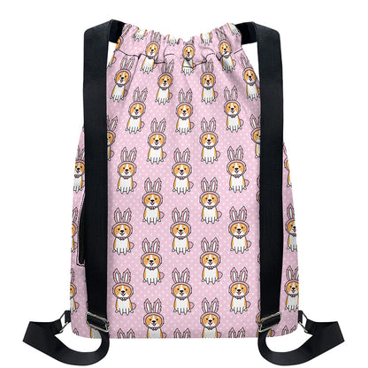 Bunny Corgi Pattern Print Drawstring Backpack