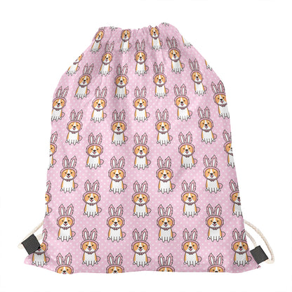 Bunny Corgi Pattern Print Drawstring Bag