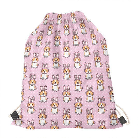 Bunny Corgi Pattern Print Drawstring Bag