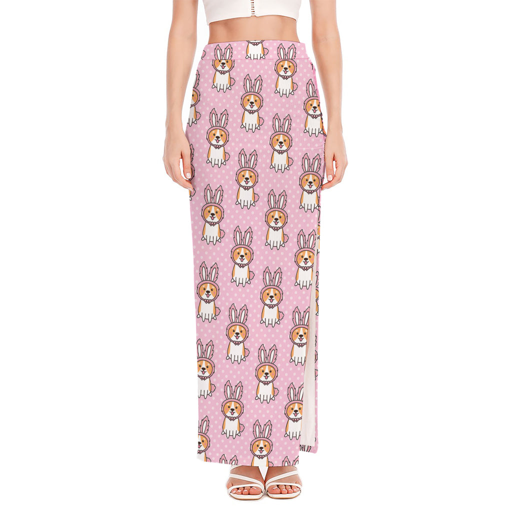 Bunny Corgi Pattern Print High Slit Maxi Skirt