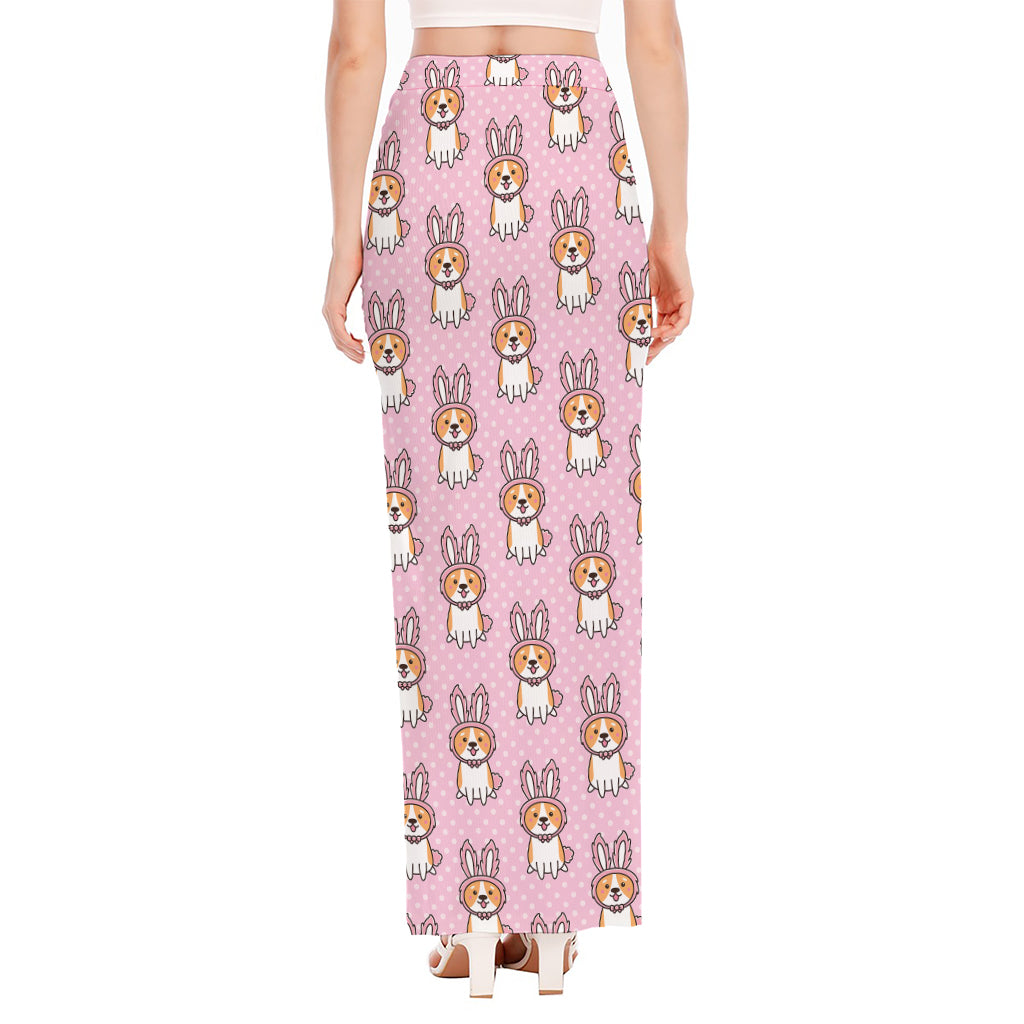 Bunny Corgi Pattern Print High Slit Maxi Skirt