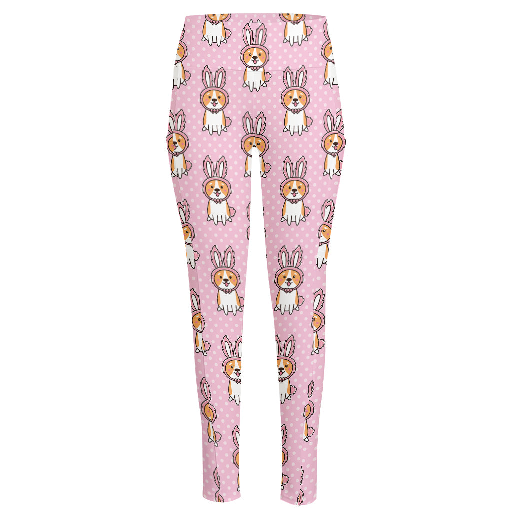 Bunny Corgi Pattern Print High-Waisted Pocket Leggings