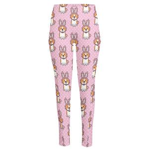 Bunny Corgi Pattern Print High-Waisted Pocket Leggings