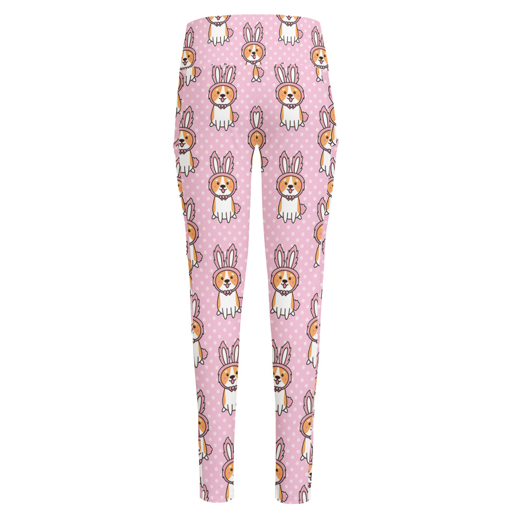 Bunny Corgi Pattern Print High-Waisted Pocket Leggings